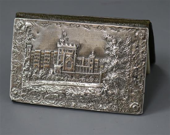 An early Victorian silver mounted castle top aide memoire, decorated with Windsor Castle and Newstead Abbey en verso, 82mm.